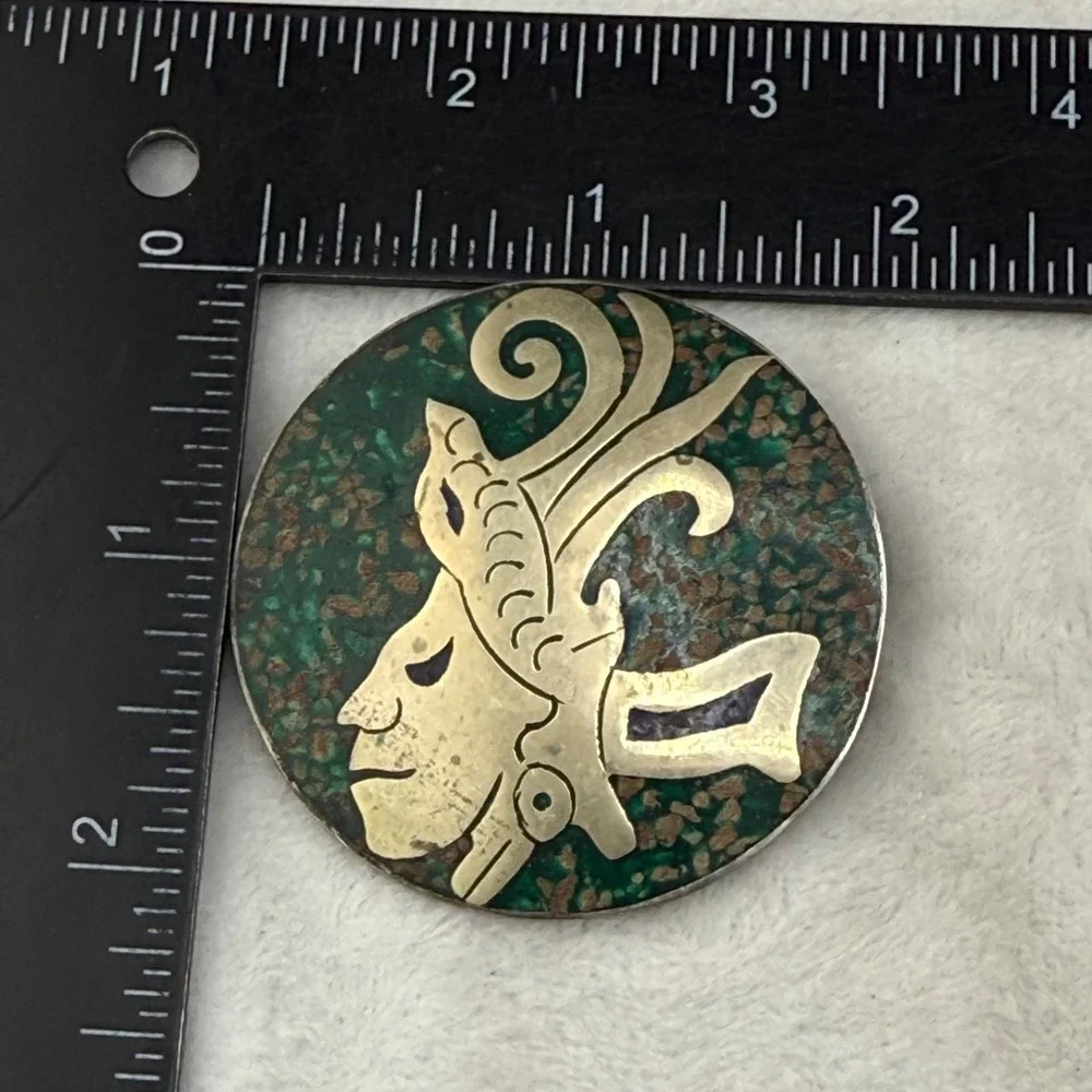 Vintage Taxco Brooch Warrior Silver Tone Enamel